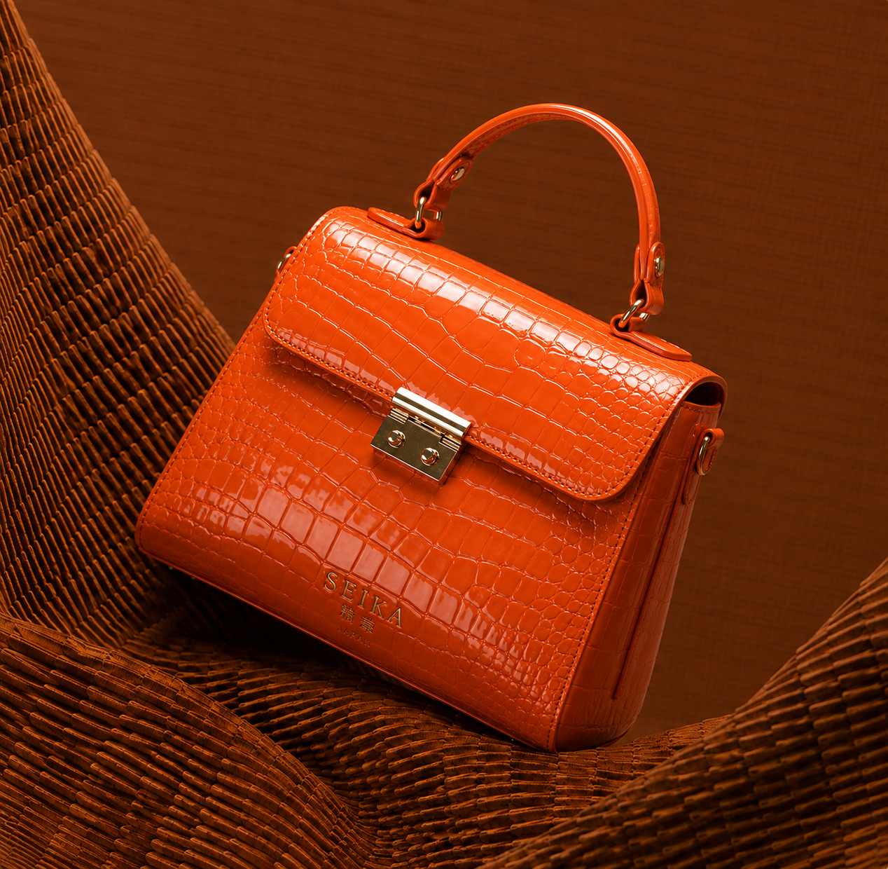 Seika orange croc-embossed mini handbag on a woven rust backdrop