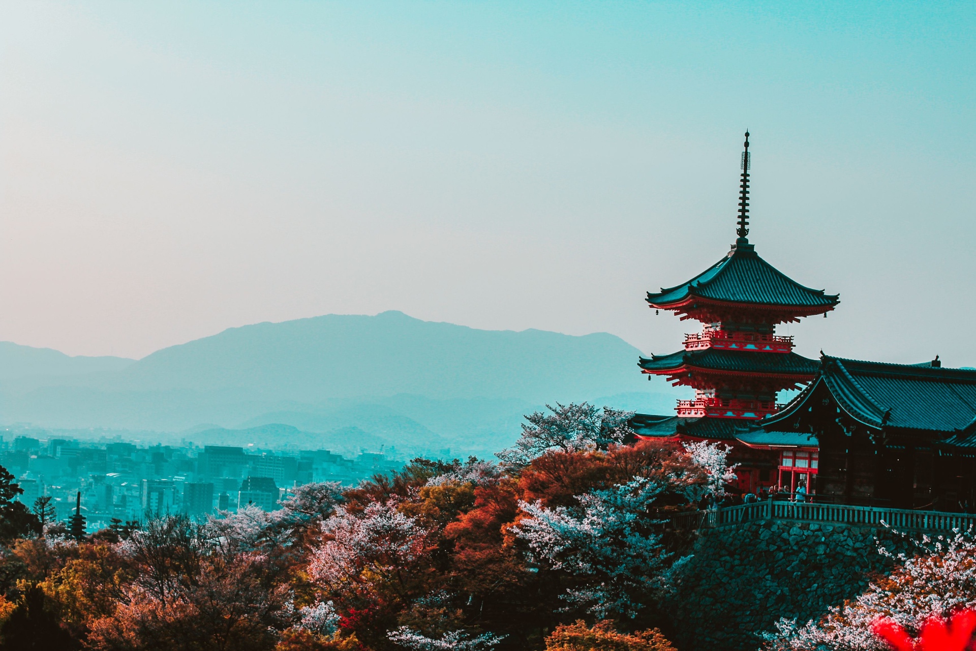 Kiyomizu-dera pagoda above Kyoto in autumn haze