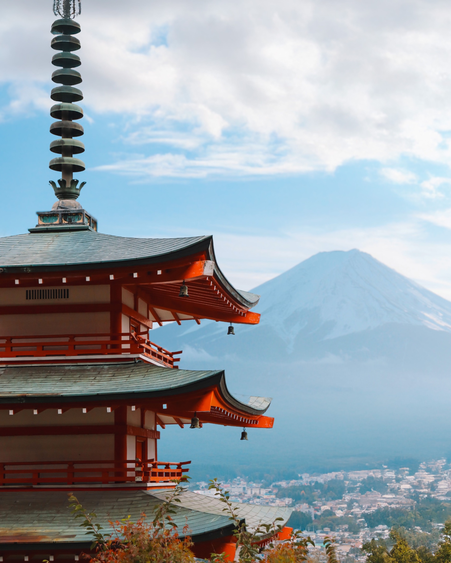 Pagoda eaves with Mount Fuji rising behind